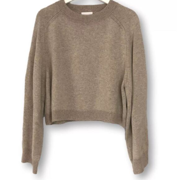 John Elliott Womens Two Tone Crewneck Wool Cashmere Crop Sweater Oatmeal Large - Picture 1 of 4
